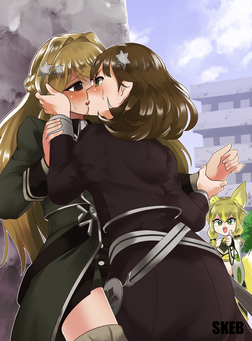 3girls @_@ absurdres against_wall animal_ears blonde_hair blood blush brown_coat brown_eyes brown_hair coat commission cowboy_shot duel_monster exosister_elis exosister_stella fox_ears fox_tail french_kiss fu-ri_the_orb_mikanko green_coat green_eyes hair_intakes hair_ornament highres kiss looking_at_another medium_hair multiple_girls nosebleed outdoors sawan_cutman skeb_commission star_(symbol) star_hair_ornament tail thumbs_up yu-gi-oh! yuri zettai_ryouiki