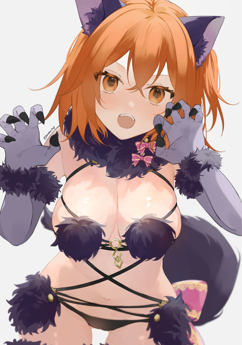1girl absurdres alternate_costume animal_ear_fluff animal_ears black_panties black_tail blush bow claw_pose claws cosplay dot_nose elbow_gloves eyelashes fate/grand_order fate_(series) fujimaru_ritsuka_(female) fur-trimmed_gloves fur_bikini fur_collar fur_trim gloves highres mash_kyrielight mash_kyrielight_(dangerous_beast) mash_kyrielight_(dangerous_beast)_(cosplay) navel o-ring open_mouth orange_eyes orange_hair panties purple_gloves romo827 short_hair simple_background solo striped striped_bow tail teeth underwear upper_teeth_only white_background wolf_ears wolf_tail
