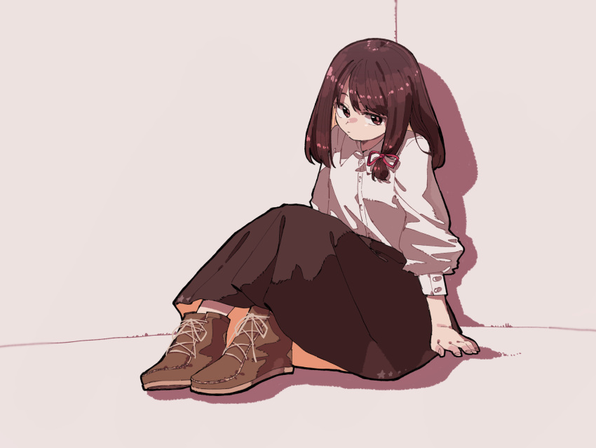 1girl arm_support black_skirt boots brown_eyes brown_footwear brown_hair buttons closed_mouth collared_shirt cross-laced_clothes cross-laced_footwear highres long_skirt long_sleeves medium_hair nama_udon puffy_long_sleeves puffy_sleeves shirt sitting skirt solo touhou usami_renko white_shirt
