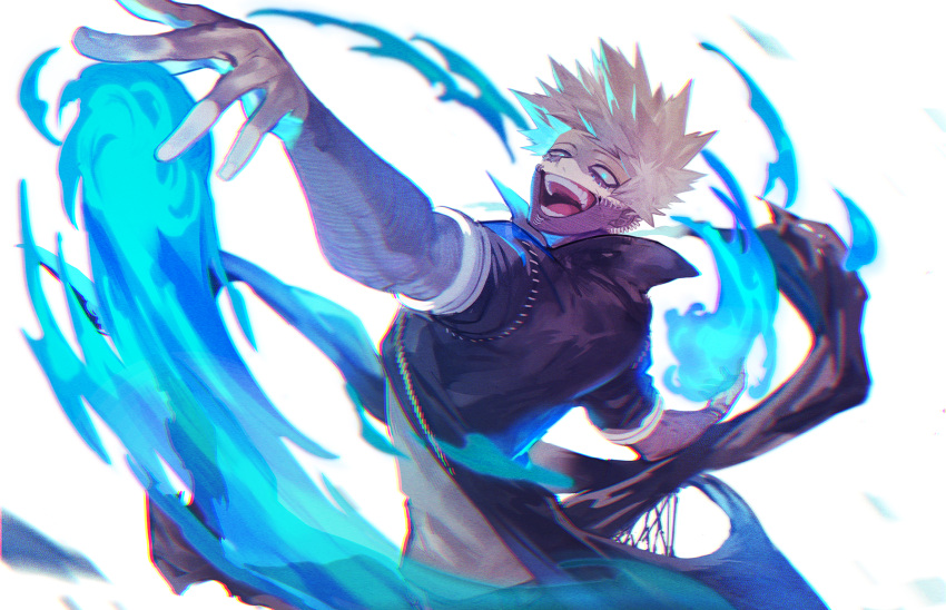 1boy black_jacket blue_eyes blue_fire blurry boku_no_hero_academia burn_scar cheek_piercing chromatic_aberration commentary_request dabi_(boku_no_hero_academia) dancing depth_of_field ear_piercing film_grain fire floating_clothes from_side glowing glowing_eyes hands_up high_collar highres jacket light looking_at_viewer looking_to_the_side male_focus matsuya_(pile) multiple_piercings multiple_scars open_mouth outstretched_arms partial_commentary piercing pyrokinesis sanpaku scar scar_on_arm scar_on_face scar_on_neck shirt short_hair short_sleeves simple_background smile solo spiked_hair spoilers spread_arms todoroki_touya torn_clothes turning_head upper_body white_background white_hair white_shirt