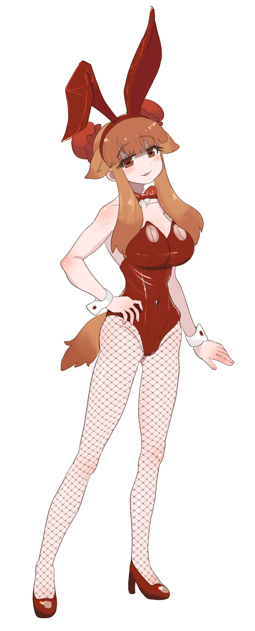 1girl absurdres alternate_costume animal_ears bactrian_camel_(kemono_friends) blunt_bangs blush bow bowtie brown_eyes brown_hair bun_cover camel_ears camel_girl camel_tail detached_collar double_bun extra_ears fake_animal_ears fishnets full_body hair_bun high_heels highres kemono_friends leotard long_hair looking_at_viewer ookii_yama playboy_bunny rabbit_ears red_bow red_bowtie red_footwear red_headwear red_leotard sidelocks smile solo strapless strapless_leotard wrist_cuffs
