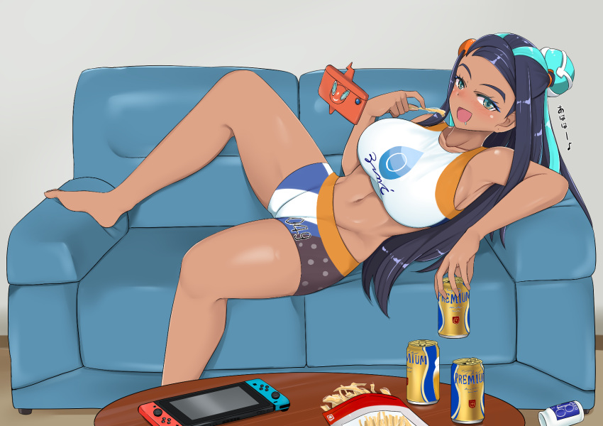 1girl armpits bare_shoulders barefoot beer_can bike_shorts black_hair blue_eyes blue_eyeshadow blue_hair blush breasts can cellphone chips_(food) collarbone commentary_request couch crop_top dark-skinned_female dark_skin drooling eating eyeshadow food fuji_(mokusei_ginga) full_body groin hair_bun highres holding holding_can holding_food jewelry large_breasts long_hair looking_at_viewer lying makeup midriff multicolored_hair navel nessa_(pokemon) nintendo_switch on_couch on_side open_mouth phone pokemon pokemon_(game) pokemon_swsh rotom rotom_phone shadow single_hair_bun smartphone solo sports_bra table translation_request two-tone_hair white_sports_bra