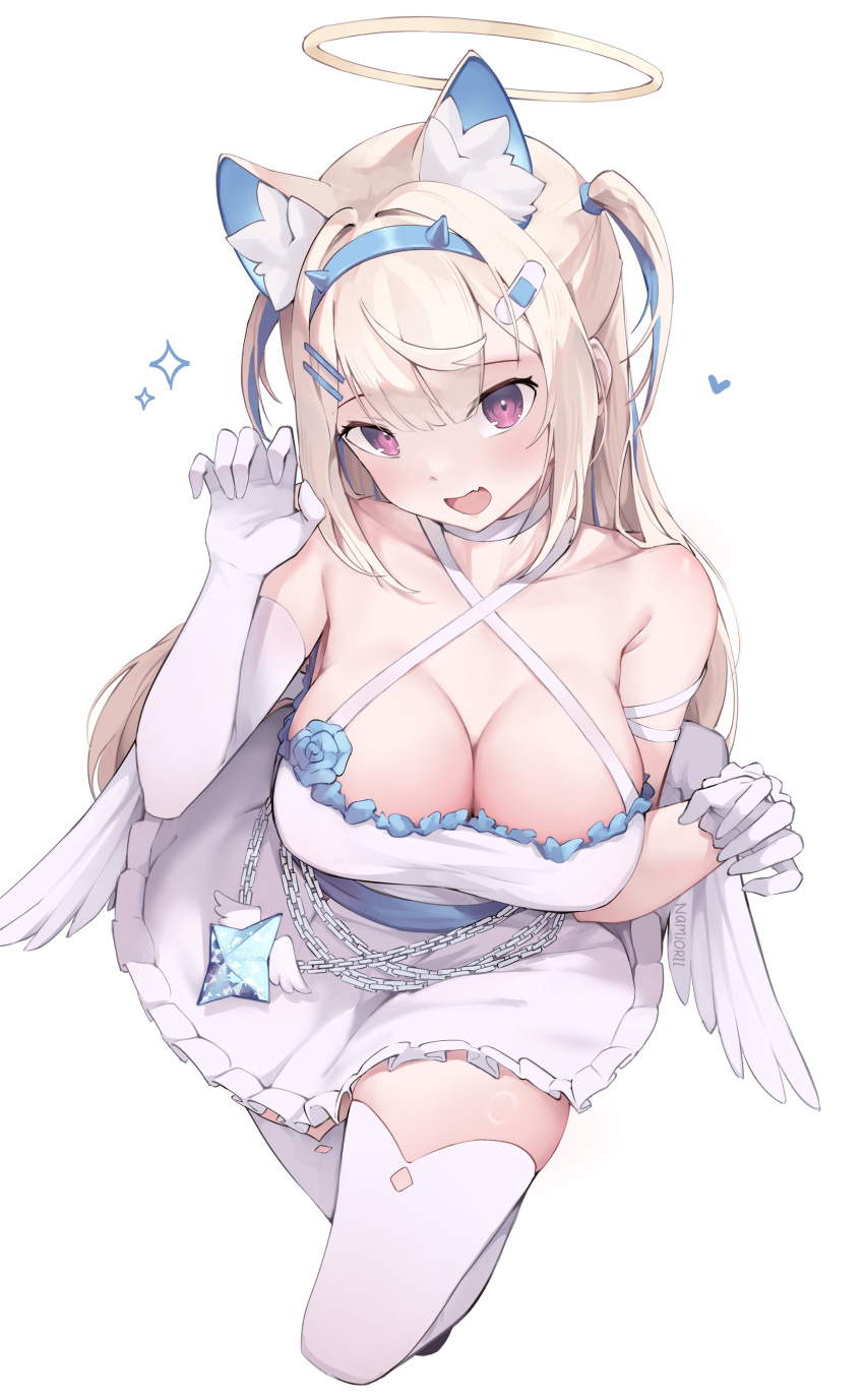 1girl absurdres angel_wings animal_ear_fluff animal_ears bandaid_hair_ornament bare_shoulders blue_hair breasts cleavage dog_ears dog_girl dog_tail dress elbow_gloves fang frilled_skirt frills fuwawa_abyssgard gloves hair_ornament hairclip halo highres hololive hololive_english large_breasts long_hair looking_at_viewer multicolored_hair namiorii open_mouth pink_eyes sidelocks simple_background skin_fang skirt solo streaked_hair tail thighhighs two_side_up virtual_youtuber white_background white_dress white_thighhighs wings