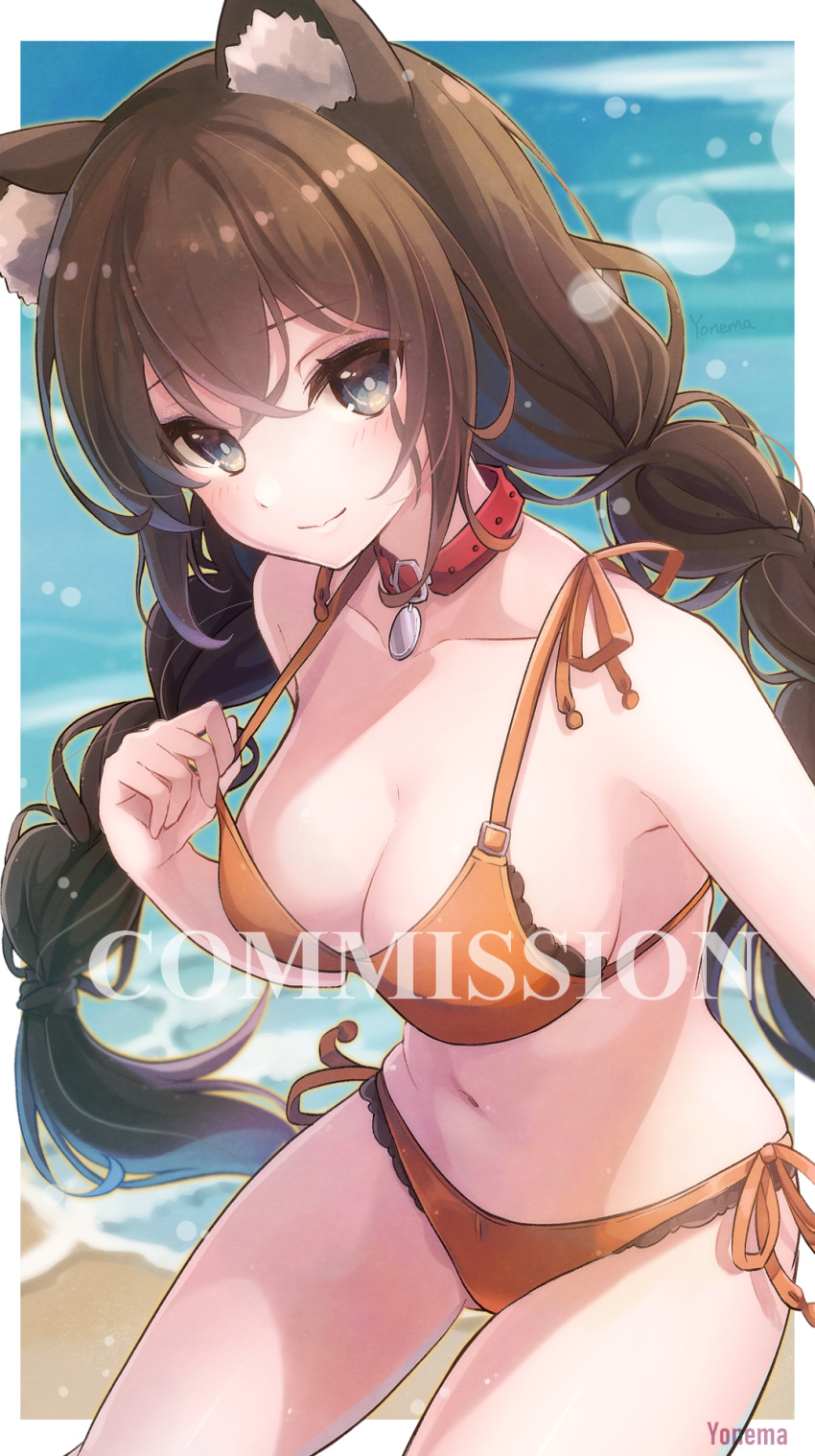 1girl animal_ear_fluff animal_ears bare_arms bare_shoulders bikini braid breasts brown_hair cleavage closed_mouth collar collarbone commission grey_eyes hair_between_eyes highres long_hair low_twintails medium_breasts orange_bikini original red_collar side-tie_bikini_bottom skeb_commission smile solo swimsuit twin_braids twintails very_long_hair watermark yonema