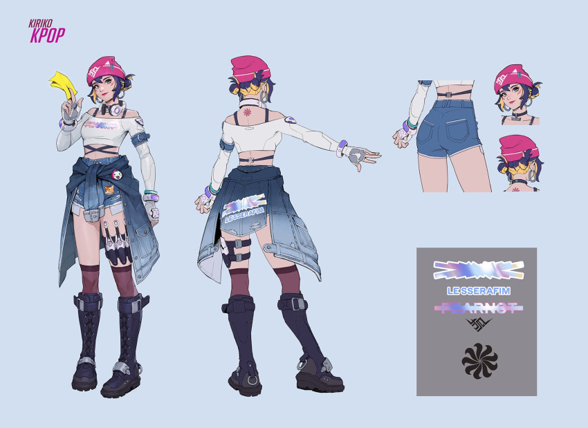 beanie blue_hair blue_shorts boots bracelet character_name closed_mouth concept_art earrings english_text fingerless_gloves full_body gloves hat headphones headphones_around_neck highres jewelry k-pop kiriko_(overwatch) kunai le_sserafim official_alternate_costume official_art ofuda open_hand overwatch overwatch_2 pink_headwear short_hair shorts simple_background thigh_strap weapon white_gloves white_sleeves