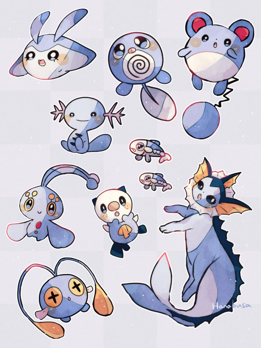 :d :o animal_focus antennae artist_name blue_skin chinchou colored_sclera colored_skin commentary_request cross-shaped_pupils eyelashes fins fish forked_tail freckles grey_background hanabusaoekaki head_fins highres manaphy mantyke marill no_humans oshawott pokemon pokemon_(creature) poliwag smile solid_circle_eyes solid_oval_eyes symbol-shaped_pupils tadpole tail vaporeon wishiwashi wooper yellow_sclera