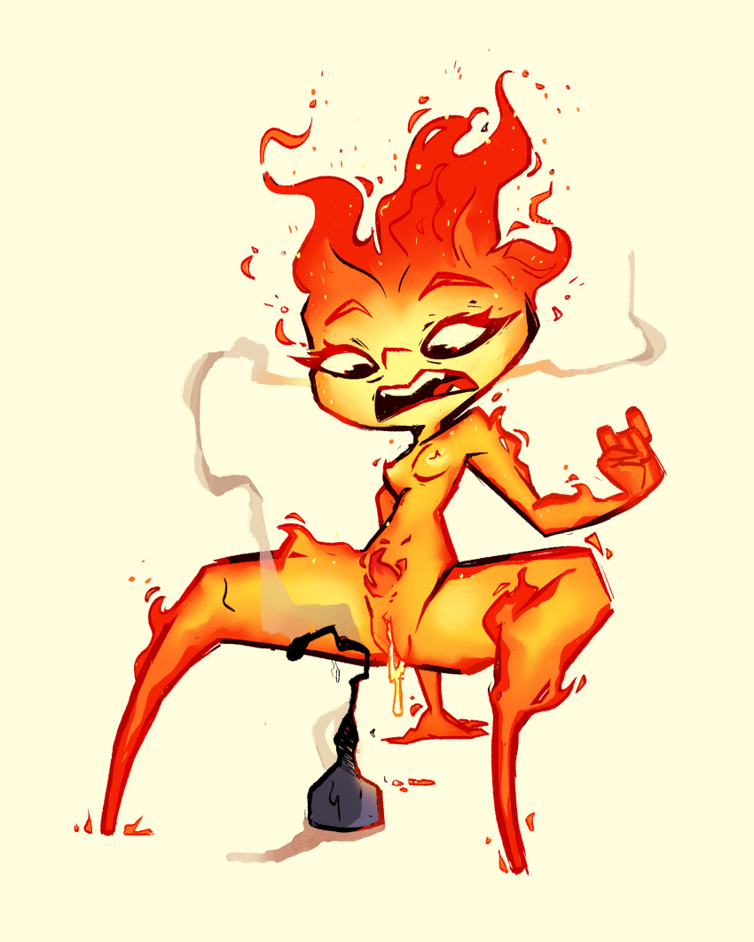 2023 absurd_res bodily_fluids breasts burnt crouching crouching_over_dildo cum cum_drip digital_media_(artwork) dildo disney dripping elemental_(pixar) elemental_creature elemental_humanoid ember_lumen embers female fire fire_creature fire_humanoid flaming_hair fluttershythekind genital_fluids genitals hi_res humanoid humanoid_genitalia masturbation navel nipples not_furry nude open_mouth orange_body pixar pseudo_hair pussy pussy_juice raised_arm sex_toy simple_background smoke solo teeth tongue yellow_background