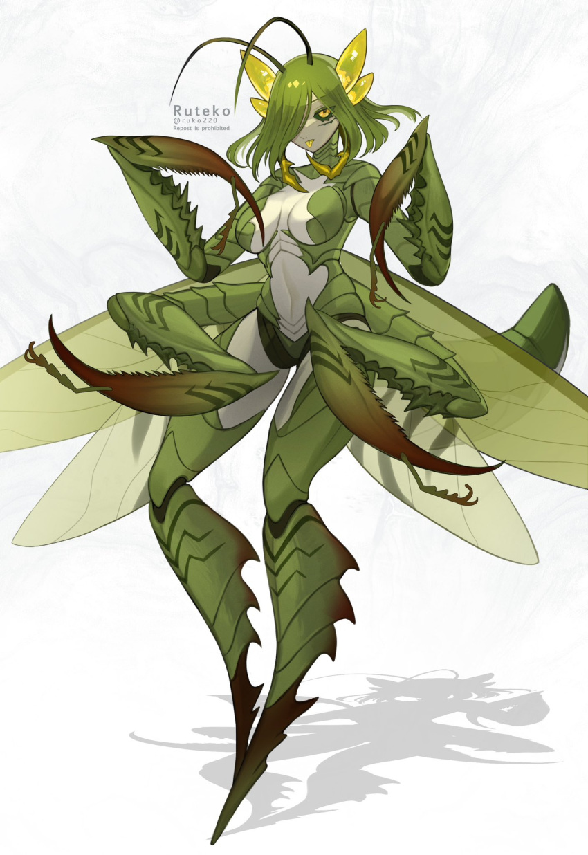 1girl antennae arthropod_girl arthropod_limbs artist_name breasts carapace colored_sclera colored_skin colored_tongue commentary_request extra_arms full_body green_hair green_sclera green_skin hair_over_eyes highres insect_wings looking_at_viewer mandibles mantis_girl medium_hair monster_girl multicolored_skin original praying_mantis ruteko_(ruko220) shadow simple_background tongue tongue_out twitter_username white_background wings yellow_eyes yellow_tongue