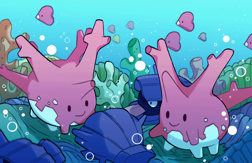 air_bubble black_eyes bubble closed_mouth commentary coral corsola english_commentary fish highres looking_at_another luvdisc mjoyart no_humans pokemon pokemon_(creature) shell shellder smile solid_oval_eyes swimming tongue tongue_out underwater