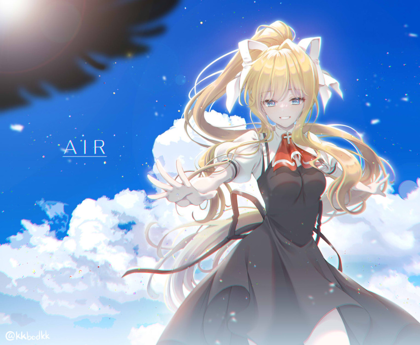 1girl air_(visual_novel) ascot bird black_dress blonde_hair blue_eyes blue_sky cloud commentary_request copyright_name cross_ornament crow dress highres kamio_misuzu koma_(kkbodkk) long_hair looking_at_viewer parted_lips ponytail red_ascot school_uniform shirt sky solo very_long_hair white_shirt