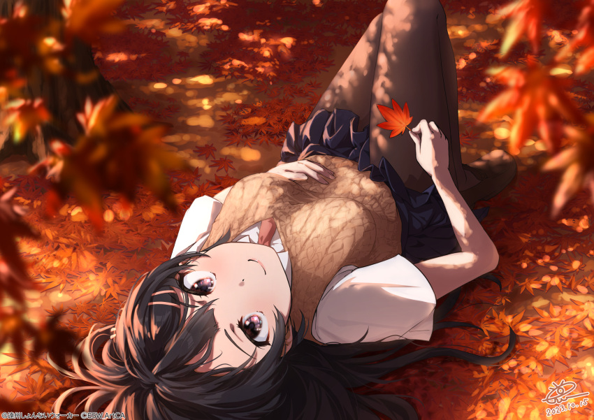 1girl autumn autumn_leaves black_hair black_pantyhose blue_eyes blue_skirt breasts brown_sweater_vest closed_mouth dated full_body hair_ornament hairclip hand_on_own_stomach highres holding holding_leaf leaf loafers long_hair looking_at_viewer lying maple_leaf miniskirt on_back on_ground outdoors pantyhose pleated_skirt raiz_art_works sakurajima_mai seishun_buta_yarou shirt shoes signature skirt small_breasts solo sweater_vest white_shirt