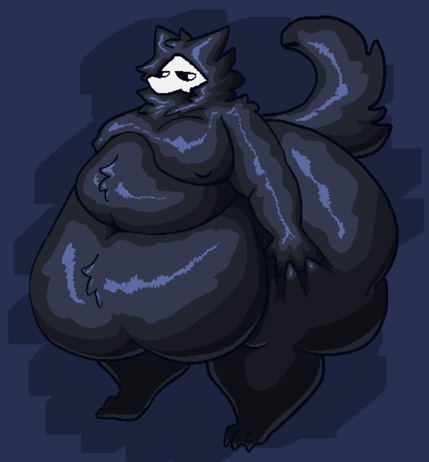 2023 anthro belly big_belly big_butt biped black_body black_fur bone butt canid canine canis changed_(video_game) digital_media_(artwork) fur goo_creature hi_res huge_butt hyper hyper_belly hyper_butt male mammal mask moobs navel nude obese overweight puro_(changed) simple_background skull skull_mask solo thick_thighs troplilly wide_hips wolf