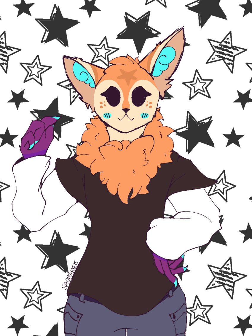 3:4 anthro blue_body blue_fur blush bottomwear canid canine claws clothed clothing digital_media_(artwork) english_text fox freckles fur hair hi_res looking_at_viewer male mammal neck_tuft orange_body orange_fur pose simple_background smile smokedsoul35 solo standing star star_marking text topwear tuft