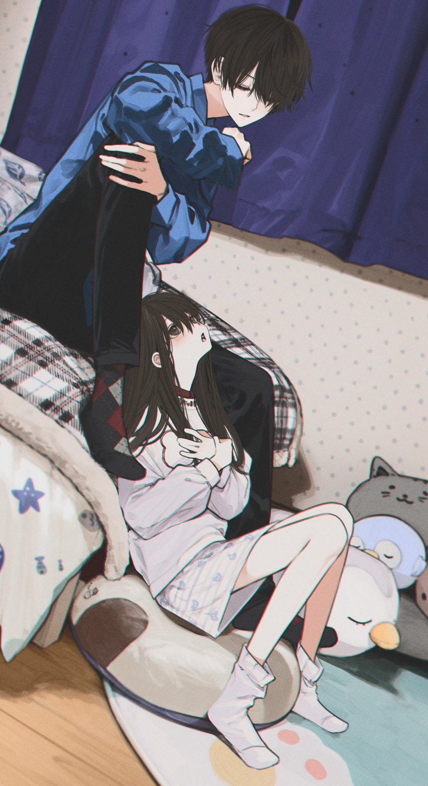 1boy 1girl absurdres argyle_socks bad_id bad_twitter_id bed black_eyes black_hair black_pants blue_shirt blush brother_and_sister closed_eyes collared_shirt curtains cushion full_body hair_between_eyes highres honjou_satoru honnryou_hanaru inactive_account indoors knee_up long_hair looking_at_another on_bed open_mouth original own_hands_together pants ruri_honjou shirt siblings sitting skirt socks stuffed_toy sweater white_sweater