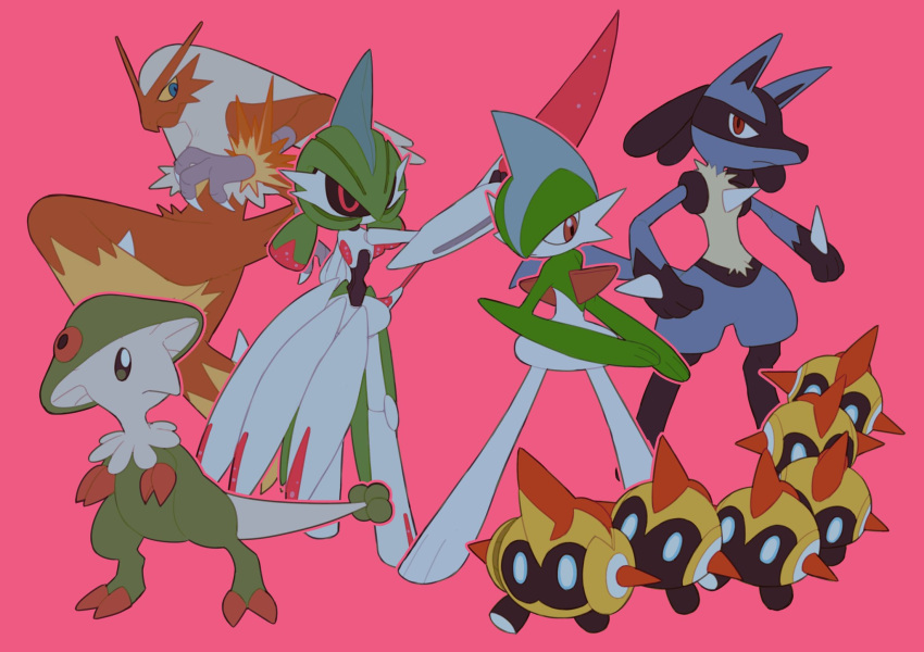 black_sclera blaziken blue_eyes breloom closed_mouth colored_sclera falinks full_body gallade highres iron_valiant lucario mega_gallade mega_pokemon no_humans pink_background pokemon pokemon_(creature) red_eyes simple_background spikes standing v_(govvvvw) yellow_sclera