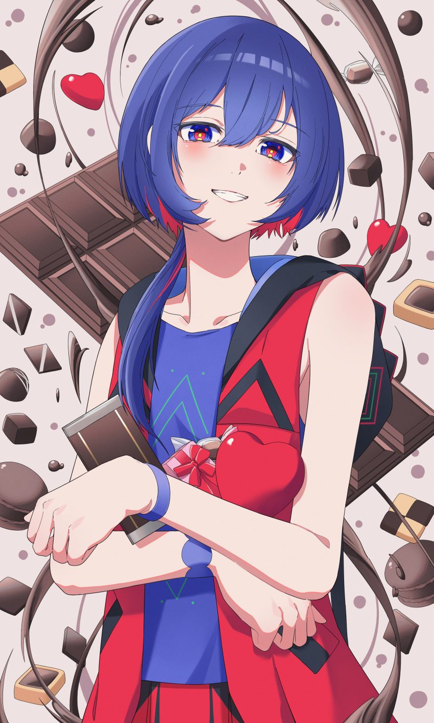 1girl absurdres blue_eyes blue_hair blue_shirt blush bracelet candy chocolate chocolate_bar collarbone colored_inner_hair commentary_request daradara_art food food_request gift grin hair_over_shoulder half-closed_eyes highres holding holding_candy holding_food hood hood_down hooded_jacket jacket jewelry kamitsubaki_studio long_hair looking_at_viewer low_ponytail macaron multicolored_eyes multicolored_hair open_clothes open_jacket red_eyes red_hair red_skirt rim_(kamitsubaki_studio) shirt skirt sleeveless sleeveless_jacket sleeveless_shirt smile solo upper_body virtual_youtuber yellow_pupils