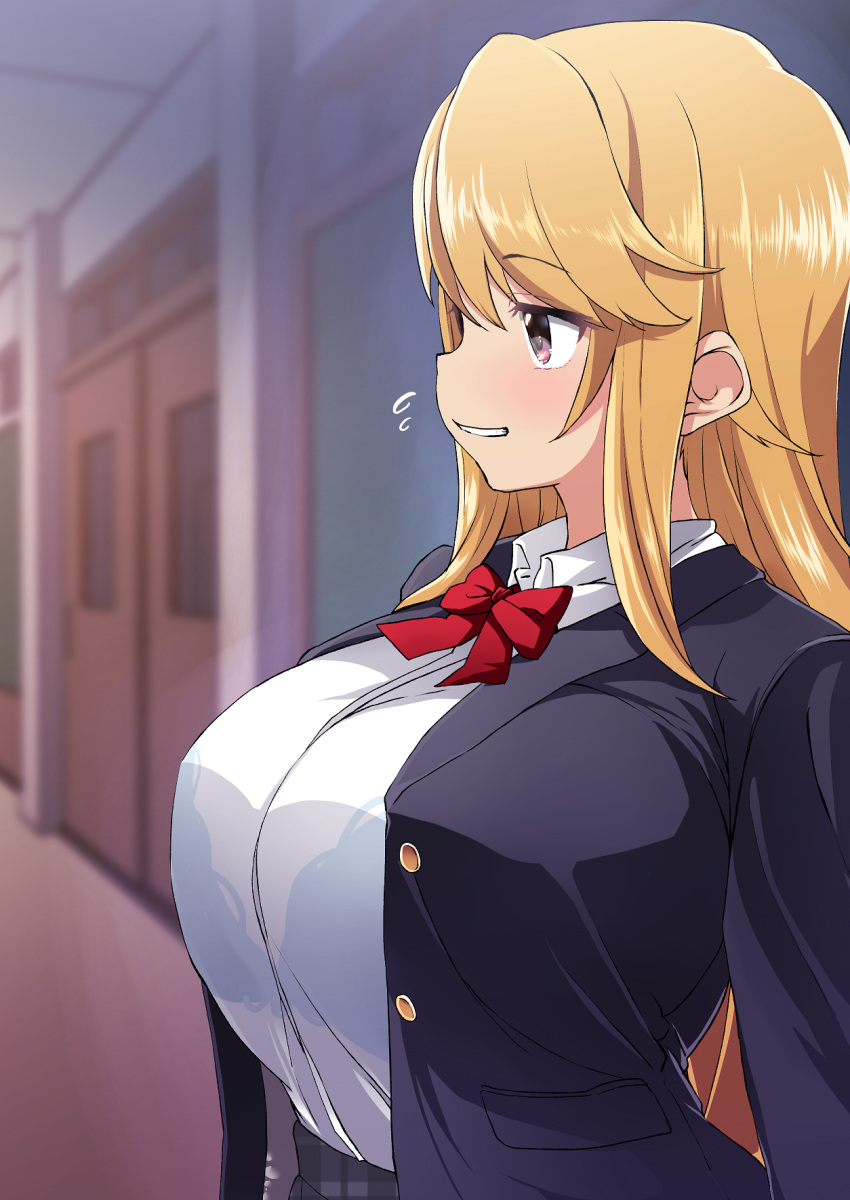 1girl aged_up alternate_breast_size black_eyes blazer blush bra bra_visible_through_clothes breasts cleavage collared_shirt commentary_request hallway highres huge_breasts idolmaster idolmaster_cinderella_girls jacket long_hair long_sleeves open_clothes open_jacket orange_hair red_ribbon ribbon school_uniform see-through see-through_shirt shift_(waage) shirt sidelocks skirt smile solo standing tented_shirt underwear white_shirt yuuki_haru