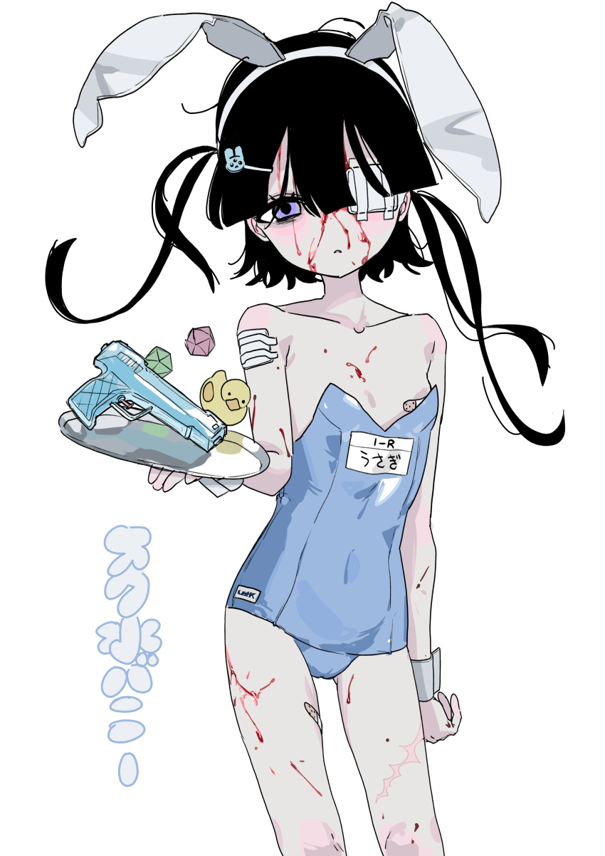 1girl absurdres animal_ears arm_at_side asymmetrical_hair bags_under_eyes bandaid bandaids_on_nipples bare_shoulders black_hair bleeding_from_forehead blood blood_on_face blood_on_leg blue_leotard blunt_bangs breasts character_name collarbone commentary dice fake_animal_ears feet_out_of_frame floating_hair gauze_on_arm gauze_over_eye gun hair_ornament hairband hairclip half-closed_eyes hand_up handgun highres holding holding_tray leotard long_hair looking_at_viewer name_tag nontraditional_playboy_bunny object_floating_above_hand one_eye_covered original parted_lips pasties playboy_bunny purple_eyes quad_tails rabbit_ears rubber_duck scar scar_on_leg school_swimsuit school_swimsuit_flap small_breasts solo standing strapless strapless_leotard swimsuit symbol-only_commentary translation_request tray uotak water_gun weapon white_hairband wrist_cuffs