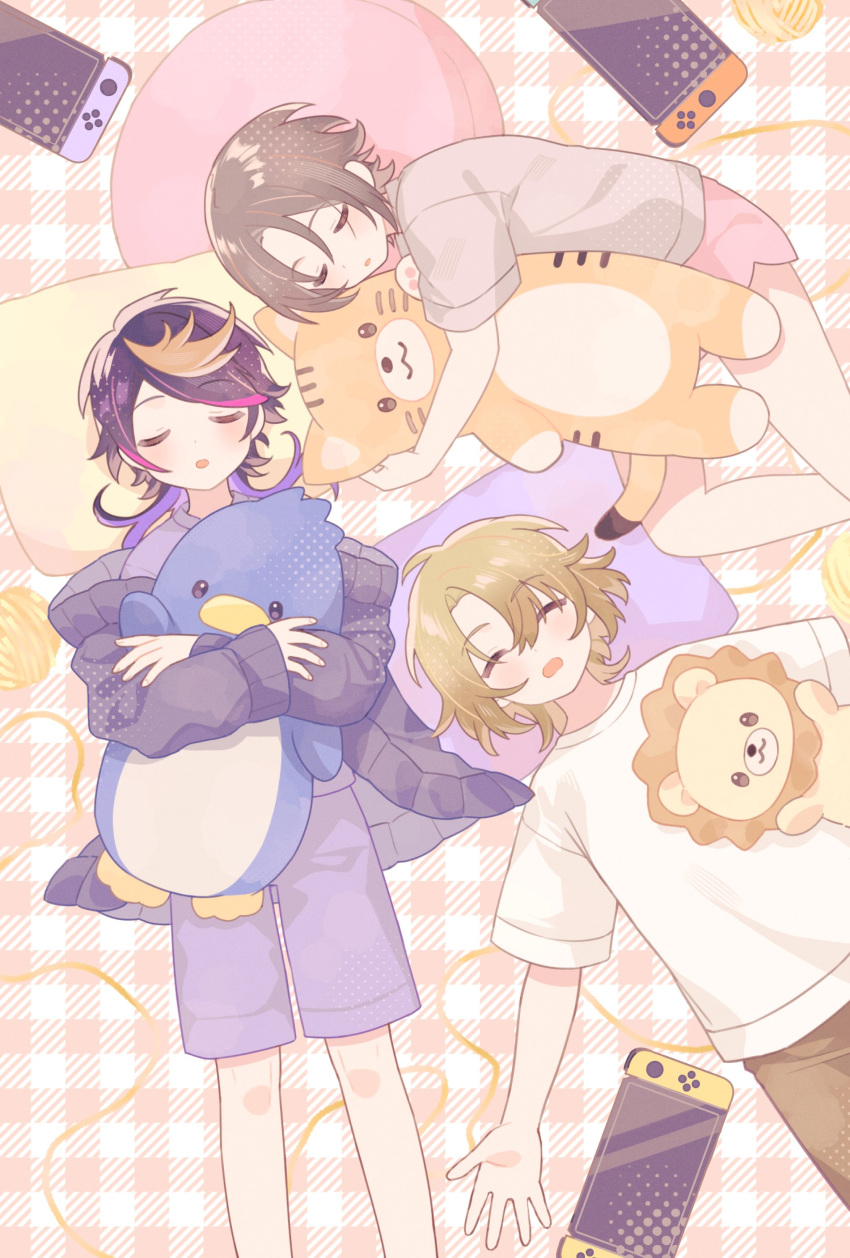 3boys :o absurdres aged_down ayame_(3103942) black_hair black_jacket blonde_hair blush brown_hair brown_shirt closed_eyes commentary_request hair_between_eyes handheld_game_console highres holding holding_stuffed_toy hugging_object jacket long_hair long_sleeves luca_kaneshiro lying male_focus medium_hair multicolored_hair multiple_boys mysta_rias nijisanji nijisanji_en nintendo_switch off_shoulder on_back on_side open_clothes open_jacket open_mouth outstretched_arms parted_bangs pink_hair pink_shorts plaid purple_hair purple_shirt purple_shorts shirt short_sleeves shorts shu_yamino sidelocks sleeping spread_arms streaked_hair stuffed_animal stuffed_lion stuffed_penguin stuffed_tiger stuffed_toy swept_bangs t-shirt virtual_youtuber white_shirt yarn yarn_ball