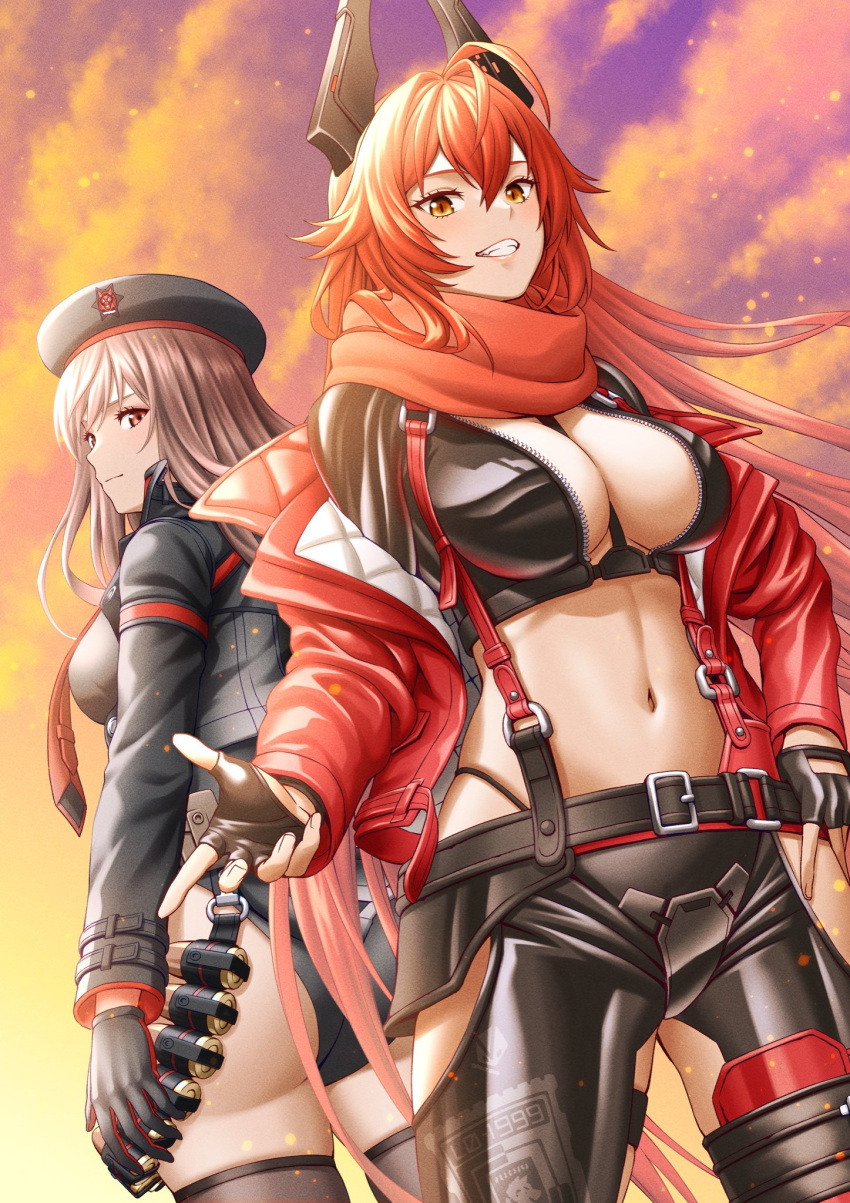 2girls ahoge ammunition_belt ass back-to-back belt beret between_breasts black_belt black_gloves black_headwear black_jacket black_leotard black_pants black_shirt black_thighhighs breasts brown_hair cleavage cloud cloudy_sky commentary_request cropped_jacket crotch_plate fingerless_gloves gloves goddess_of_victory:_nikke grin hair_between_eyes hair_intakes hat highres hip_vent horns jacket large_breasts leather leather_jacket leather_pants leotard long_hair long_sleeves looking_at_viewer masatoshi_1219 mechanical_horns medium_breasts midriff multiple_girls navel necktie off_shoulder open_clothes open_jacket pants rapi_(nikke) red_eyes red_gloves red_hair red_hood_(nikke) red_jacket red_necktie red_scarf scarf shirt sidelocks skindentation sky smile standing strap_between_breasts sunset suspenders teeth thighhighs two-tone_gloves unzipped yellow_eyes