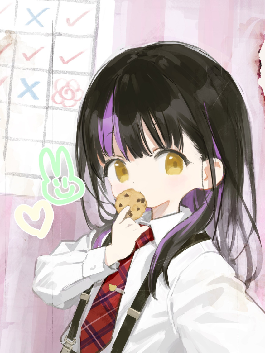 1girl affinity_line black_hair collared_shirt commentary cookie dress_shirt eating eleanor_(affinity_line) food hair_over_shoulder highres holding holding_cookie holding_food long_hair long_sleeves looking_at_viewer multicolored_hair necktie plaid_necktie purple_hair red_necktie shirt sho_(sho_lwlw) solo streaked_hair suspenders symbol-only_commentary tie_clip upper_body white_shirt yellow_eyes