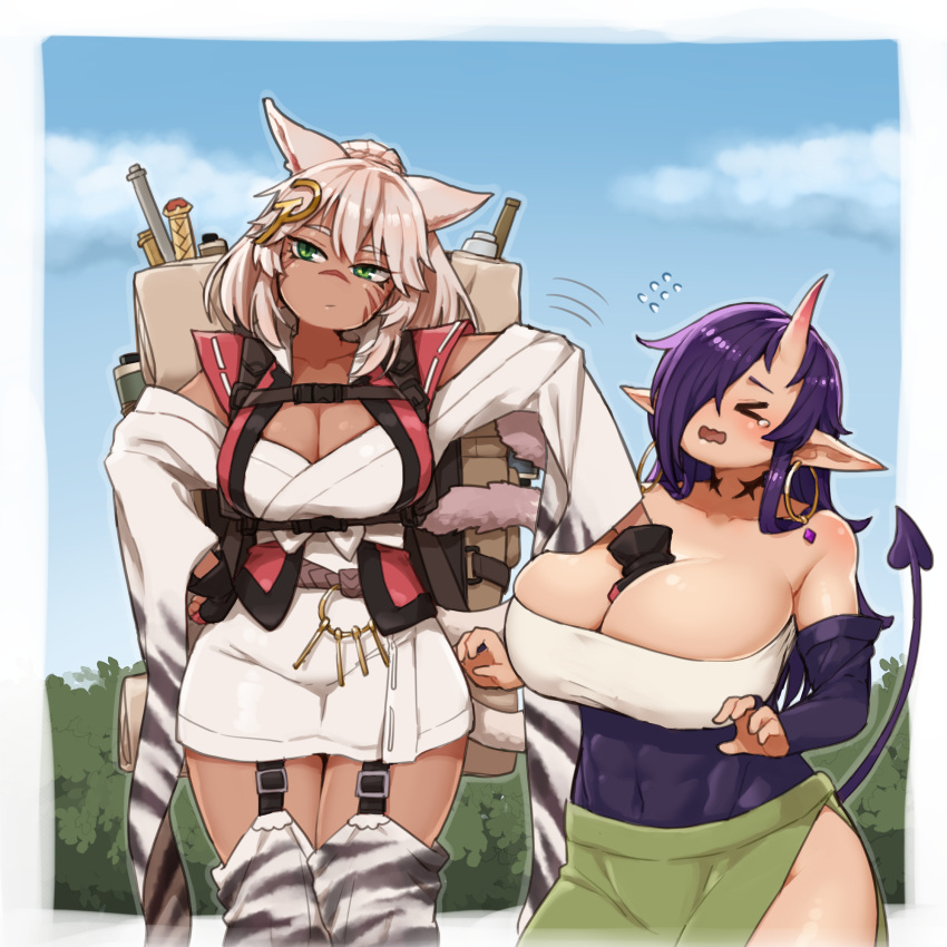 &gt;_&lt; 2girls abs absurdres animal_ears backpack bag blush breasts bridal_gauntlets cat_ears cleavage commission covered_navel dark-skinned_female dark_skin demon_girl demon_tail earrings facial_mark fingerless_gloves flying_sweatdrops gloves grabbing grabbing_another's_breast green_eyes hair_over_one_eye hand_on_own_hip highres hoop_earrings horns huge_breasts ichika_(ichika_manga) jewelry keyring large_breasts long_hair long_pointy_ears multiple_girls original plump pointy_ears purple_hair side_slit single_horn skeb_commission striped striped_thighhighs tail tearing_up thighhighs tiger_stripes wavy_mouth white_hair wide_sleeves