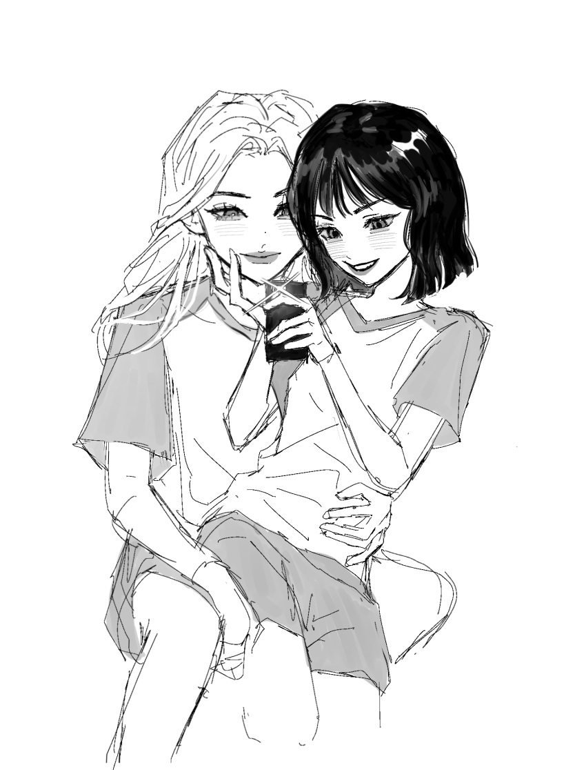 2girls animification blush cellphone glint greyscale hand_on_another's_chin hand_on_another's_waist highres holding holding_phone huh_yun-jin invisible_chair k-pop kim_chae-won le_sserafim lipstick long_hair makeup monochrome multiple_girls murenzi parted_lips phone real_life shirt short_hair shorts sitting sitting_on_lap sitting_on_person sketch smartphone smile v-shaped_eyebrows white_background yuri