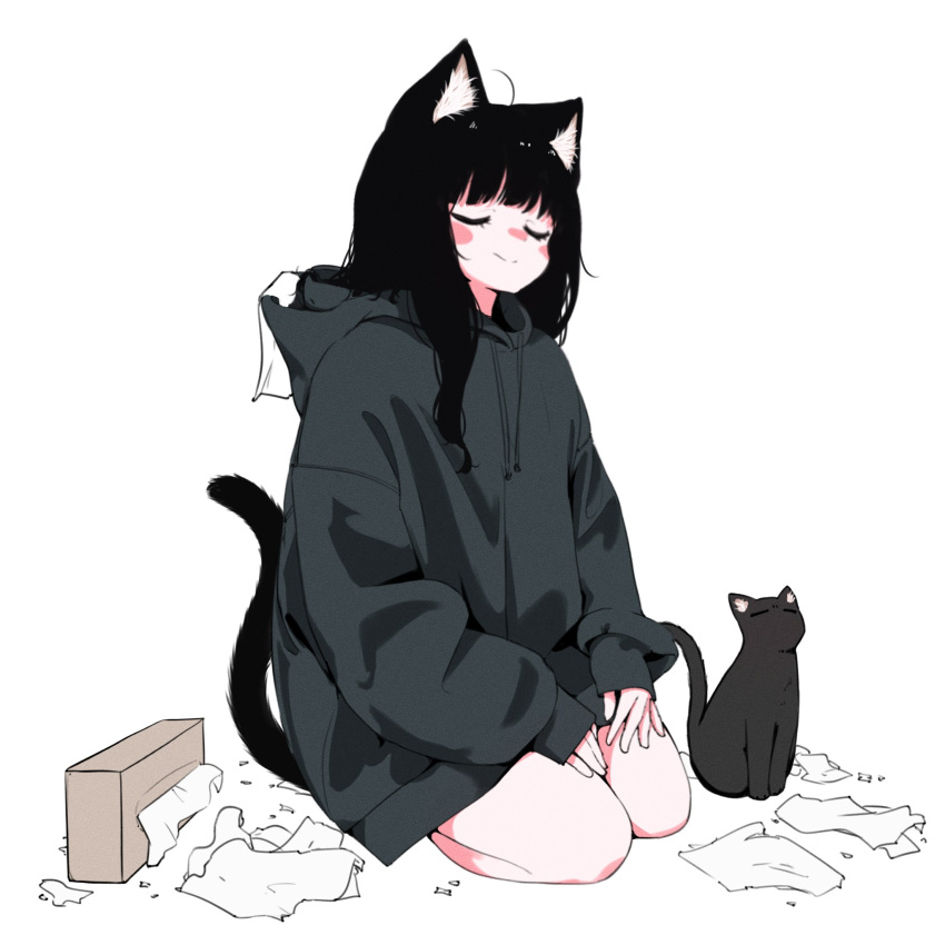 1girl ahoge animal_ear_fluff animal_ears black_cat black_hair blush cat cat_ears cat_tail closed_eyes full_body grey_hoodie hands_on_own_legs highres hood hoodie megateru nose_blush original oversized_clothes seiza sitting sleeves_past_wrists smug tail thighs tissue tissue_box white_background