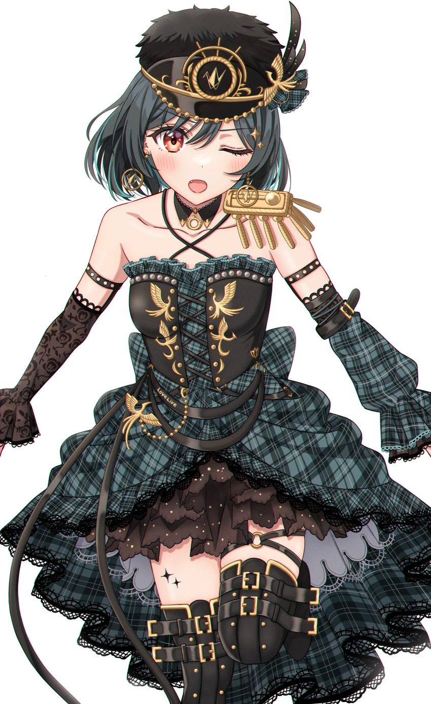 1girl absurdres asymmetrical_sleeves bare_shoulders belt black_belt black_collar black_dress black_hair black_headwear blush boots collar collarbone detached_collar dress earrings epaulettes fang high-low_skirt highres jewelry leg_up looking_at_viewer love_live! love_live!_nijigasaki_high_school_idol_club mifune_shioriko ojyomu one_eye_closed open_mouth plaid plaid_dress plaid_sleeves red_eyes short_hair solo thigh_boots uneven_sleeves upper_body