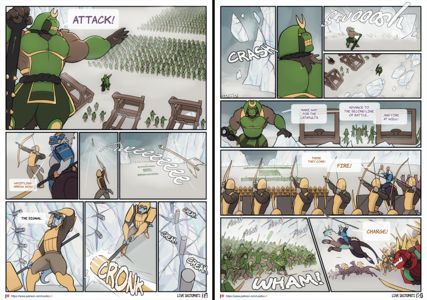 aiming anthro arashi_(leobo) armor army arrow_(weapon) asian_mythology battle blue_armor bottomwear bow_(weapon) brown_body brown_bottomwear brown_clothing brown_fur brown_pants canid canine canis catapult charging chinese_mythology clothing club_(weapon) color_coded_text comic debris dialogue dragon east_asian_mythology eastern_dragon english_text felid feral firing_weapon fur giant_hammer giving_orders green_armor green_body green_bottomwear green_clothing green_pants group halberd hammer headgear helmet hi_res holding_hammer holding_object holding_polearm holding_tool holding_weapon kirin kotaro_(leobo) large_group leobo male mammal mask melee_weapon mythology page_number pantherine pants patreon patreon_logo polearm raccoon_dog ranged_weapon riding ryouta_(leobo) slamming soldier sound_effects speech_bubble stake standing tanuki tassets text tiger tools url warrior weapon wolf yellow_armor