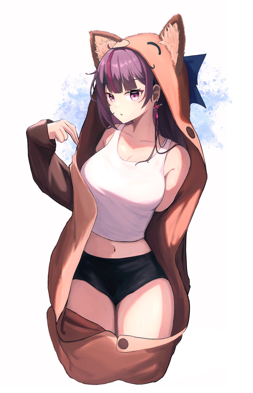 1girl :o absurdres animal_costume bare_shoulders black_shorts blue_bow bow breasts earrings fox_costume heart heart_earrings highres jewelry jururu large_breasts long_hair long_sleeves looking_at_viewer midriff multicolored_hair navel onesie open_clothes purple_eyes purple_hair short_shorts shorts sleeves_past_wrists solo streaked_hair sweat tank_top thighs user_udze4838 virtual_youtuber waktaverse white_background white_tank_top