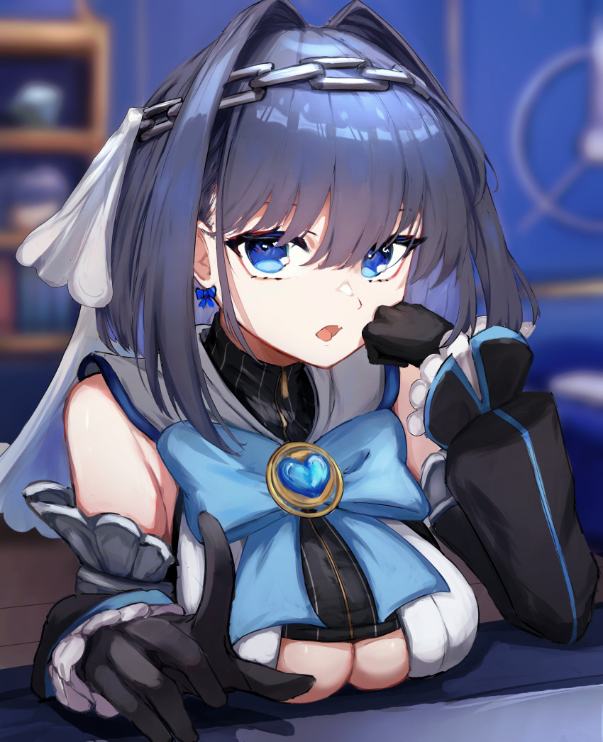 1girl absurdres arm_rest black_gloves black_sleeves black_tube_top blue_bow blue_eyes blue_hair bow bow_earrings breasts brooch cleavage_cutout clothing_cutout detached_sleeves earrings gloves head_chain heart heart_brooch highres hololive hololive_english jewelry kasunekei large_breasts looking_at_viewer medium_hair open_mouth ouro_kronii ouro_kronii_(1st_costume) shirt single_earring solo strapless tube_top virtual_youtuber white_shirt