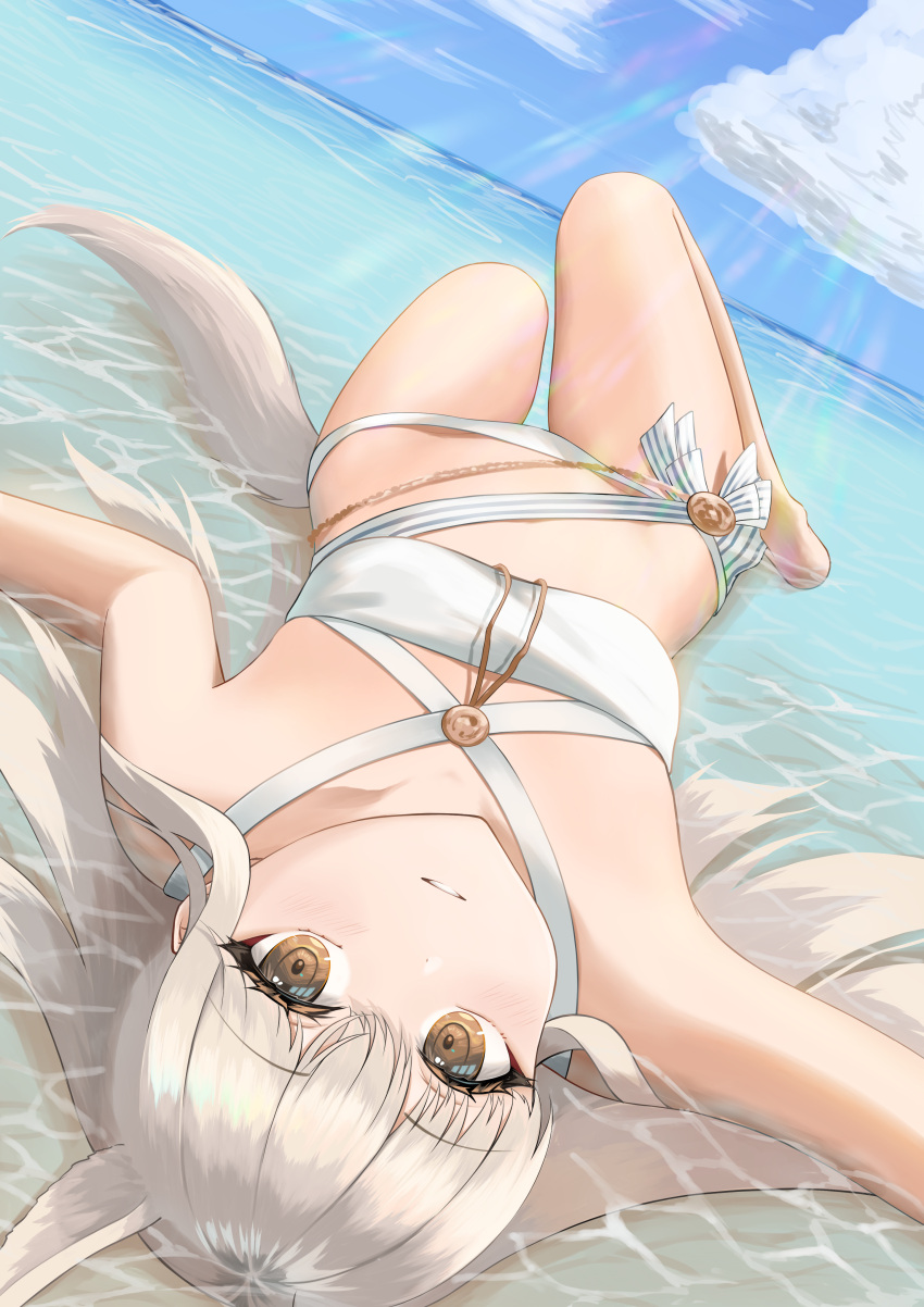 1girl absurdres animal_ears arknights bandeau bare_legs barefoot bikini blue_sky brown_eyes cloud codename696 commentary_request criss-cross_halter day dutch_angle grey_hair halterneck highres long_hair looking_at_viewer official_alternate_costume parted_lips platinum_(arknights) platinum_(shimmering_dew)_(arknights) sky solo stomach swimsuit tail thighs water white_bikini