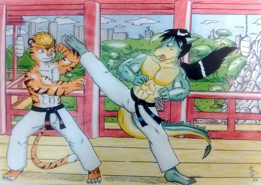 2016 abs anthro black_belt blocking blonde_hair blue_eyes bottomwear bulge clothing dashthefox day detailed detailed_background dojo dragon dragon_tail felid fight fur garden green_body hair karate karate_belt karate_outfit kick lamp lantern long_hair male mammal markings muscular muscular_anthro muscular_male obliques open_mouth orange_body orange_fur pantherine pants paper_lantern pecs pink_nose purple_eyes shirtless shirtless_anthro shirtless_male striped_markings striped_tail stripes stripes_fur tail tail_markings tied_hair tiger tiger_tail traditional_media_(artwork) training white_bottomwear white_clothing white_pants