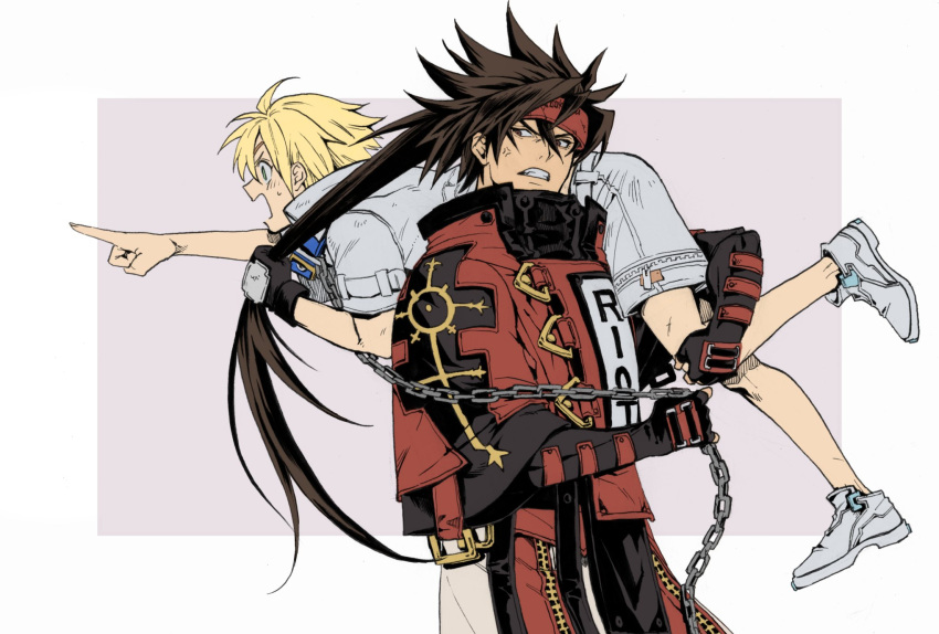 2boys aged_down anger_vein blonde_hair blue_eyes brown_hair fingerless_gloves forehead_protector gloves grandfather_and_grandson guilty_gear guilty_gear_2 headband highres lamp9229 long_hair long_sleeves male_focus multiple_boys muscular muscular_male open_mouth ponytail red_eyes short_hair sin_kiske smile sol_badguy spiked_hair