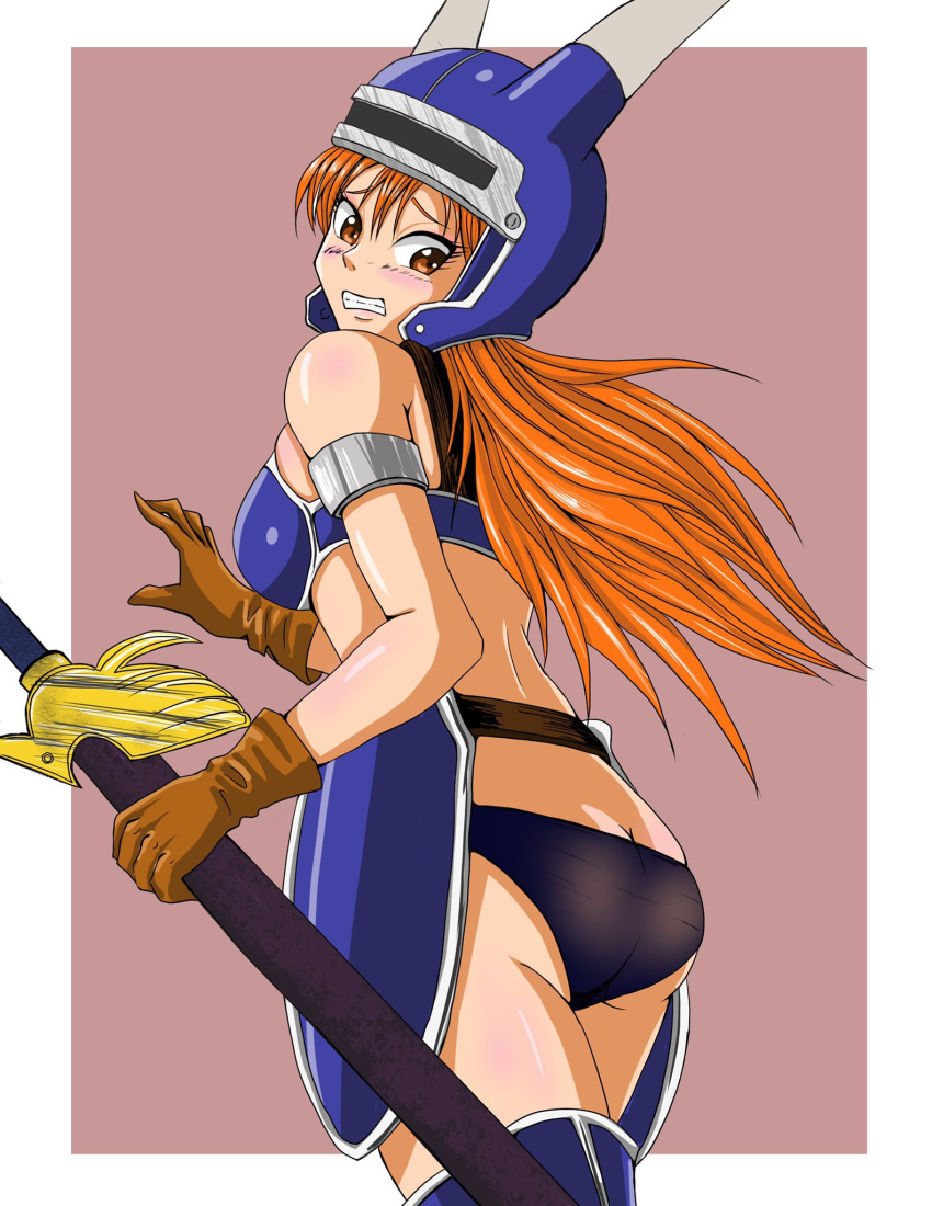 1girl armor ass bare_shoulders belt blue_armor brown_eyes brown_gloves brown_hair daisy_(dq) dragon_quest dragon_quest_yuusha_abel_densetsu fake_horns gloves helmet highres horned_helmet horns long_hair looking_at_viewer panties solo sword tayutoi underwear weapon