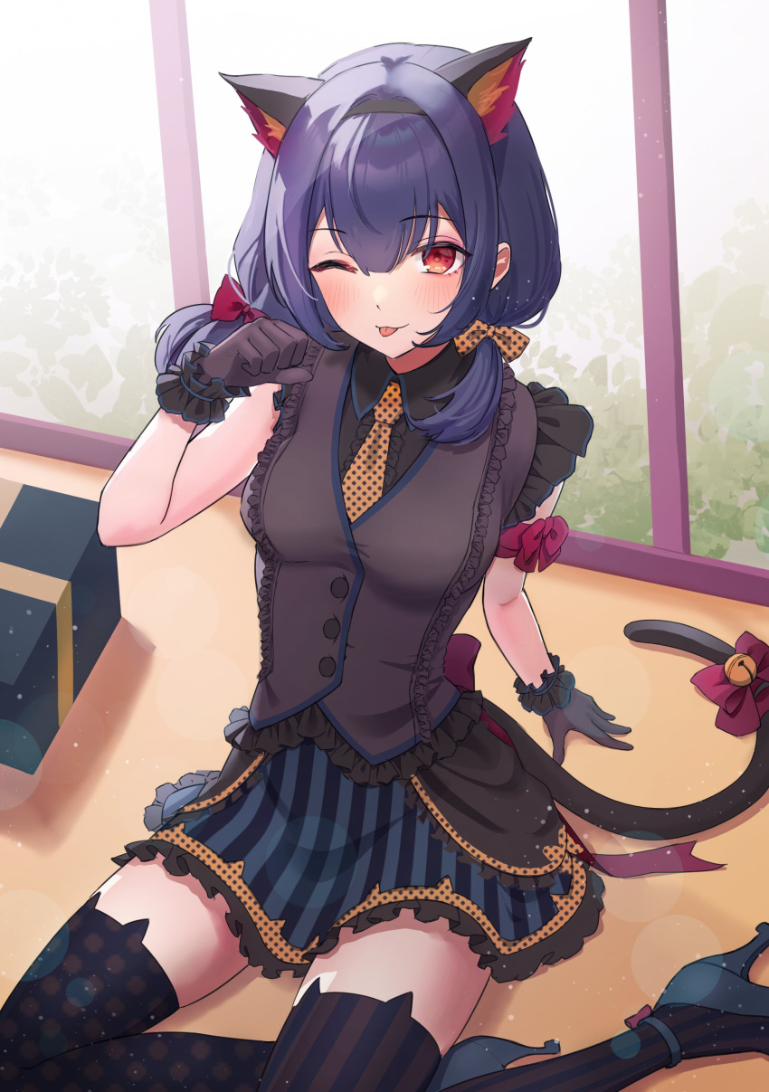 1girl ;q absurdres animal_ears animal_hands ankle_strap arm_ribbon asymmetrical_legwear bell black_hair black_vest blush bow box cat_ears cat_paws cat_tail dress frilled_dress frills gift gift_box gloves hairband hand_up high_heels highres hoshina_hoshimi idolmaster idolmaster_shiny_colors jingle_bell looking_at_viewer low_twintails mismatched_legwear morino_rinze necktie one_eye_closed plant polka_dot polka_dot_necktie polka_dot_ribbon red_eyes red_ribbon ribbon scratches short_hair solo striped tail thighhighs tongue tongue_out twintails vertical_stripes vest window zettai_ryouiki
