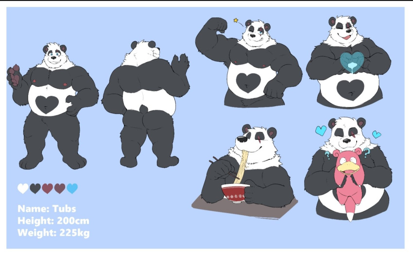 &lt;3 anthro bear black_body black_fur blue_eyes butt character_name duo eating flexing food front_and_back fur generation_1_pokemon gesture giant_panda ginnosuke hand_heart heart_(marking) holding_another male mammal model_sheet multiple_images musclegut muscular muscular_male nintendo noodles pokemon pokemon_(species) slightly_chubby slowpoke smile standing tubs white_body white_fur