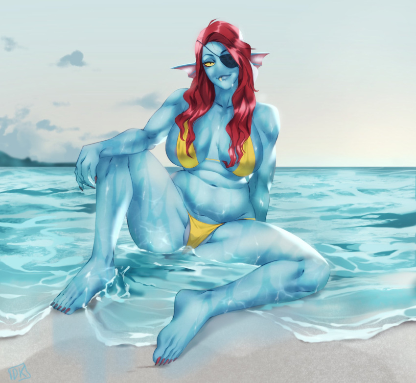 5_fingers 5_toes anthro areola areola_slip beach big_breasts bikini blue_body breasts clothed clothing darkriallet day eye_patch eyebrows eyewear feet female fingers fish hair hi_res long_hair looking_at_viewer marine navel non-mammal_breasts outside pupils red_hair seaside sitting slightly_chubby slit_pupils solo swimwear toes undertale_(series) undyne water wet yellow_sclera