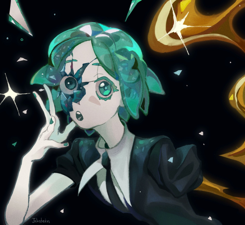 1other :o androgynous aqua_eyes aqua_hair aqua_nails black_background black_shirt broken collared_shirt colored_eyelashes colored_skin crack cracked_skin crystal_hair eyeball gem_uniform_(houseki_no_kuni) glint gold golden_arms highres houseki_no_kuni jeksteinhj melting molten_metal nail_polish necktie open_mouth other_focus parted_bangs phosphophyllite puffy_short_sleeves puffy_sleeves shards shirt short_hair short_sleeves solo sparkle surprised teeth upper_body upper_teeth_only white_shirt white_skin wing_collar