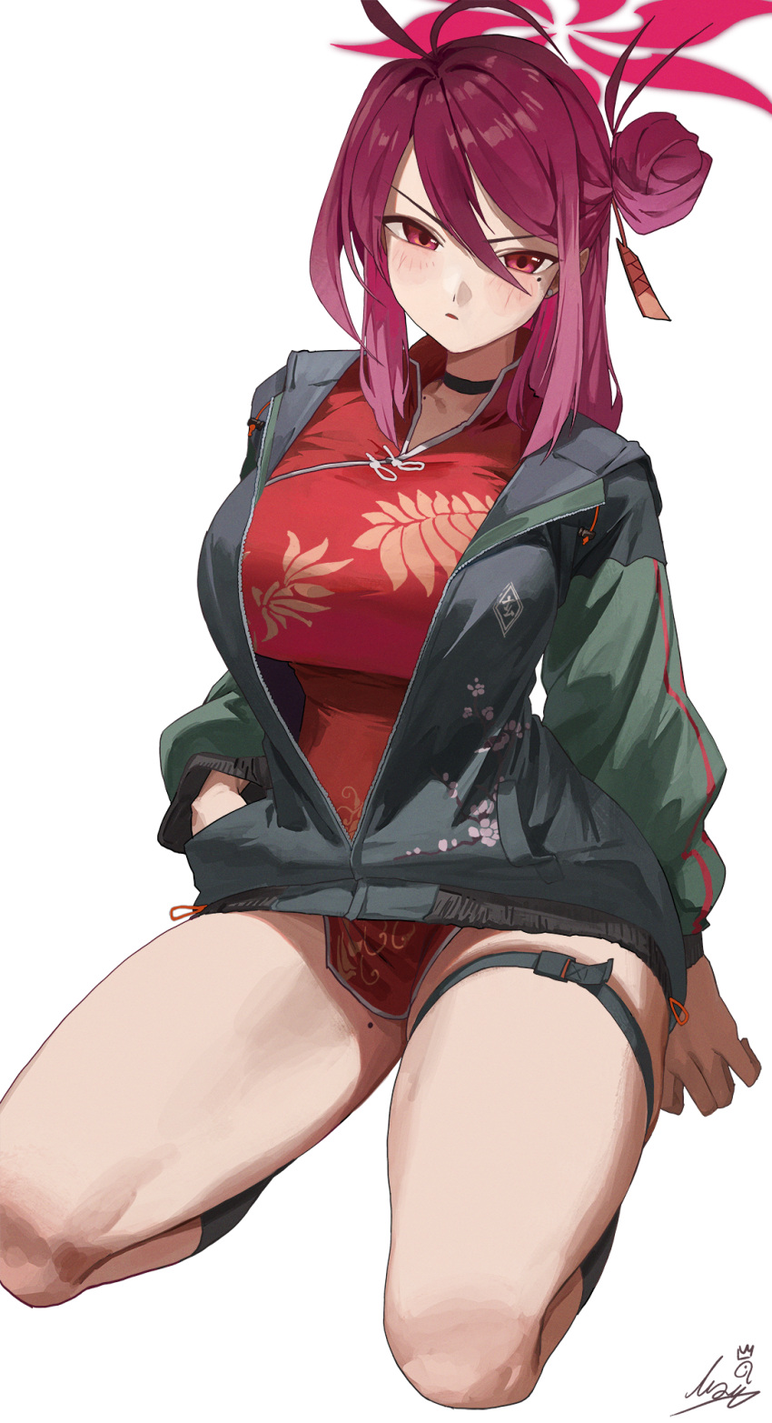 1girl antenna_hair black_choker black_socks blue_archive blush breasts china_dress chinese_clothes choker dress hair_bun halo hand_in_pocket highres jacket kneeling large_breasts letterman_jacket looking_at_viewer m.q_(mqkyrie) mole mole_on_collarbone mole_on_thigh mole_under_eye partially_unzipped pelvic_curtain red_dress red_eyes red_hair reizyo_(blue_archive) signature simple_background single_side_bun skindentation socks solo thigh_strap white_background