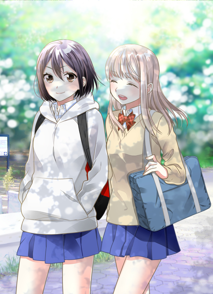 2girls backpack bag black_eyes black_hair blue_skirt bob_cut bow bowtie breasts brown_sweater closed_eyes closed_mouth collared_shirt commentary_request grass hakozaki_shiine hands_in_pockets highres hood hood_down hoodie houkago kamisato_ichika long_hair long_sleeves multiple_girls ooshima_tomo open_collar open_mouth outdoors pleated_skirt school_bag school_uniform shirt short_hair skirt smile sweater teeth upper_teeth_only yuri
