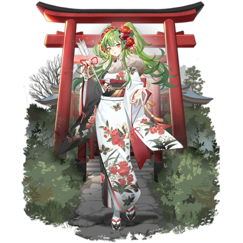1girl animal_print arrow_(projectile) bahao_diqiu bare_tree butterfly_print ema floral_print flower flower_request foliage full_body fur-trimmed_kimono fur_trim girls'_frontline green_hair hair_flower hair_ornament hamaya highres holding holding_arrow japanese_clothes kimono light_blush long_hair looking_at_viewer m950a_(girls'_frontline) m950a_(the_elegance_of_tea_is_undefeated_by_the_snow)_(girls'_frontline) multiple_torii new_year obi official_alternate_costume official_art okobo outdoors outstretched_hand parted_lips path sash shrine socks solo stairs standing standing_on_one_leg tabi torii transparent_background tree twintails white_kimono white_socks yellow_eyes