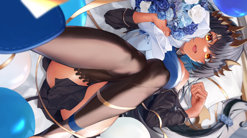 1girl ass balloon bandana bandeau bare_shoulders between_legs birthday black_jacket black_skirt black_sleeves blue_bandana blue_flower blue_rose blue_scarf bouquet breasts brown_thighhighs dark_skin demon_girl demon_horns detached_sleeves flower hair_ornament hair_scrunchie happy_birthday highres horns jacket large_breasts long_hair long_sleeves looking_at_viewer lying miniskirt mugi_maccha nanashi_inc. on_back open_mouth orange_eyes pleated_skirt ribbon rose scarf scrunchie shimamura_charlotte skindentation skirt smile solo thighhighs thighs very_long_hair virtual_youtuber yellow_ribbon