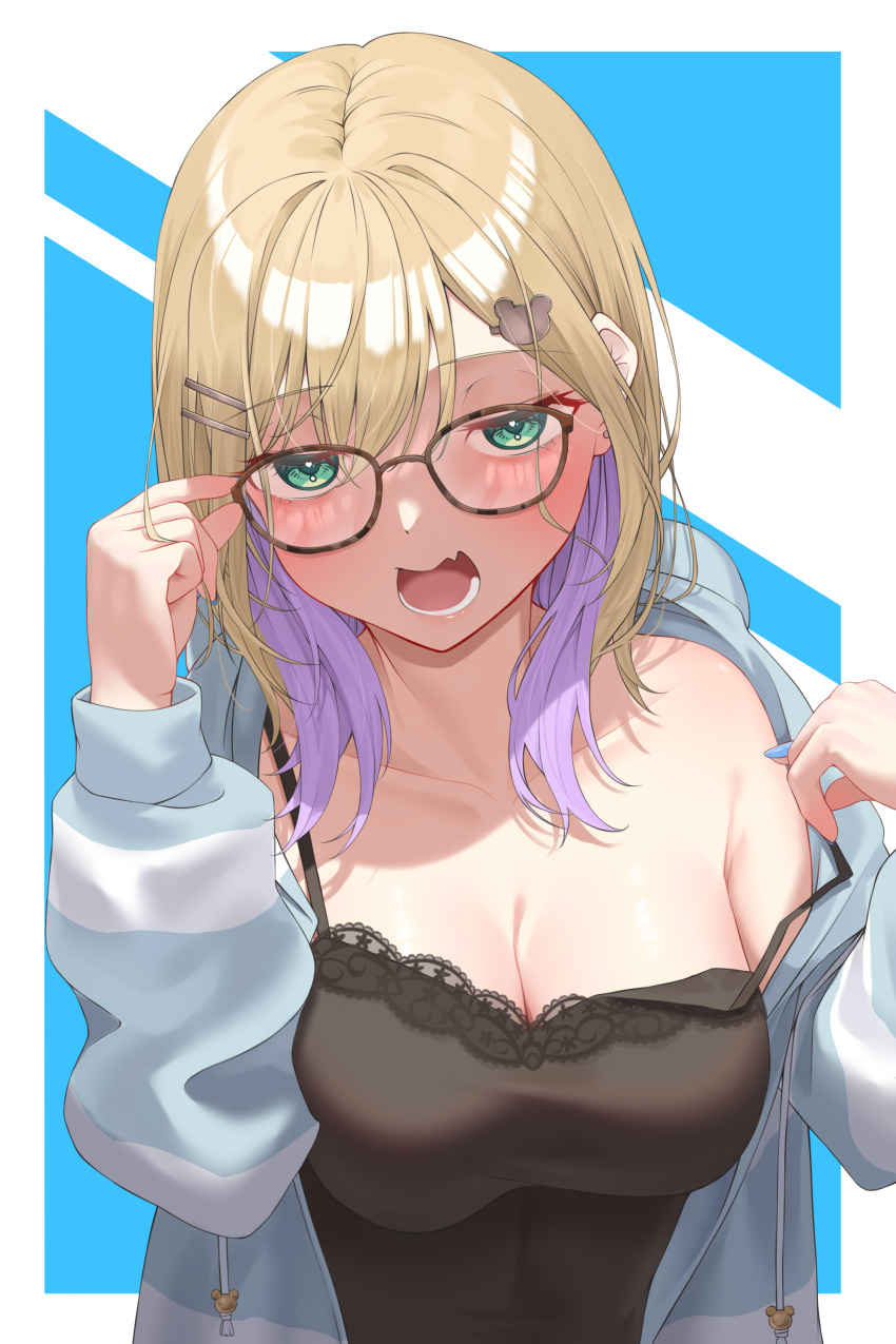 1girl absurdres black_camisole blonde_hair blue_hoodie blue_nails blush breasts camisole colored_inner_hair fang glasses green_eyes hair_ornament hairclip highres hood hoodie kiaoekakishitai kurumi_noah lace-trimmed_camisole lace_trim large_breasts long_hair long_sleeves looking_at_viewer loungewear multicolored_hair no_bra off_shoulder official_alternate_costume open_clothes open_hoodie open_mouth purple_hair single_bare_shoulder skin_fang solo strap_slip striped striped_hoodie virtual_youtuber vspo!