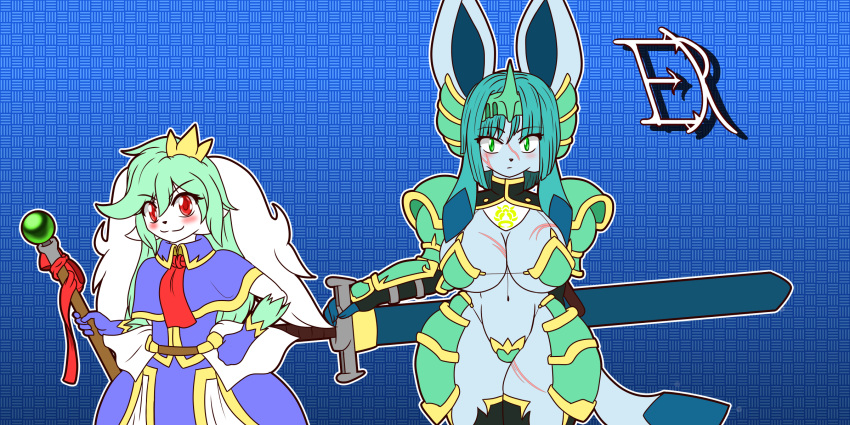 2023 armor armwear big_breasts bikini_armor breasts circlet claymore clothing crown derthevaporeon dress duo eeveelution erina_(derthevaporeon) female fingerless_gloves footwear generation_4_pokemon glaceon gloves green_eyes green_hair hair handwear headgear hi_res hip_armor knight legendary_pokemon legwear neutral_expression nintendo pokemon pokemon_(species) princess red_eyes ribbons royalty scar shaymin sheathed_weapon shoulder_pads sky_forme_shaymin skye_(sugarysylvee) smile smiling_at_viewer socks staff thigh_highs thigh_socks unconvincing_armor warrior weapon_on_back wide_hips