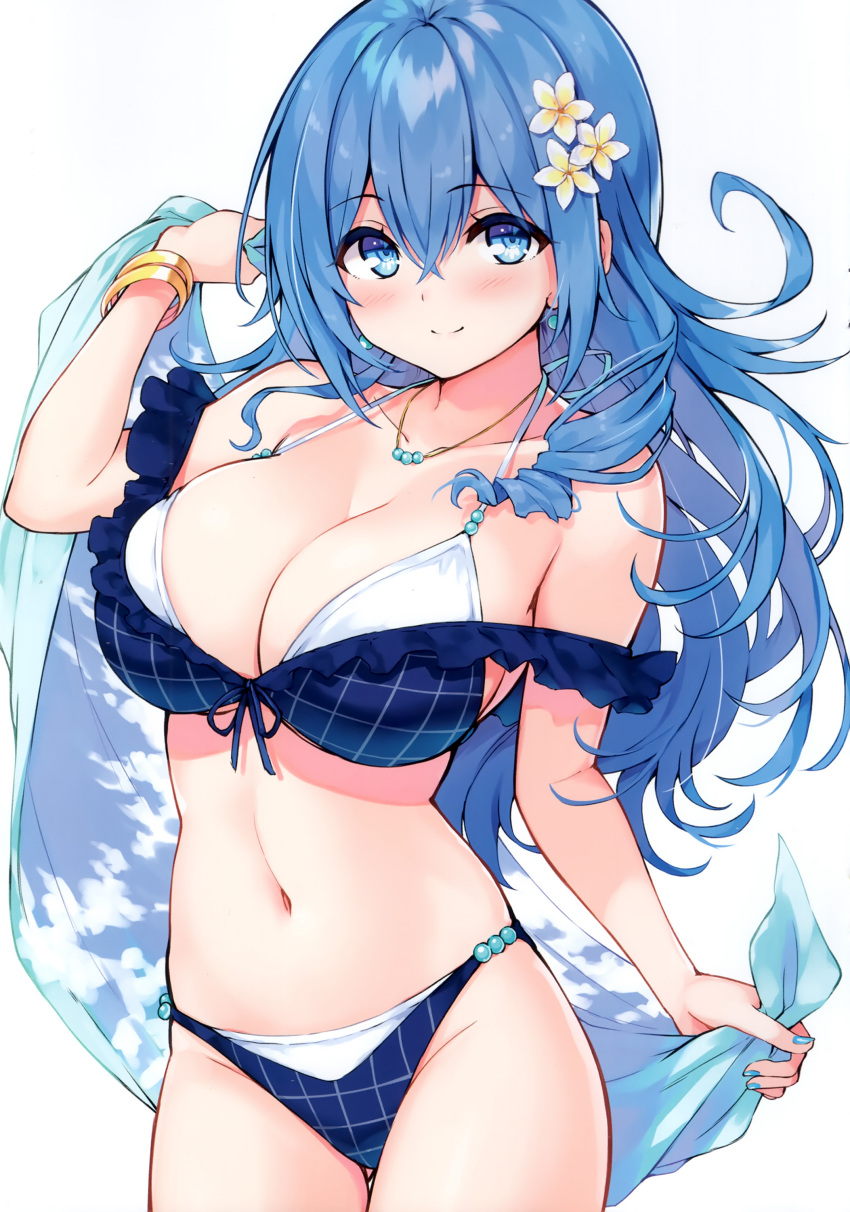 1girl absurdres bare_shoulders bikini blue_eyes blue_hair blush bow bowtie bracelet breasts cleavage closed_mouth collarbone cu-no fingernails flower frills hair_flower hair_ornament highres hisen_kaede holding holding_towel jewelry kohitsuji_ai large_breasts long_hair looking_at_viewer nail_polish navel necklace scan simple_background smile solo stomach swimsuit thighs towel