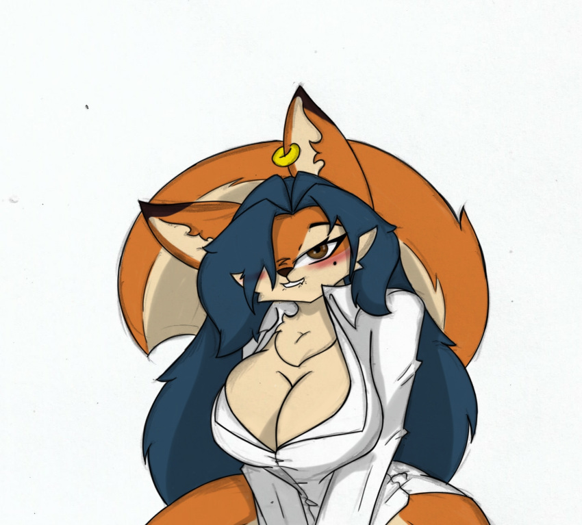 anthro big_breasts bite biting_lip blush breasts carmelita_fox cleavage clothed clothing female hi_res pace-maker sly_cooper_(series) solo sony_corporation sony_interactive_entertainment sucker_punch_productions