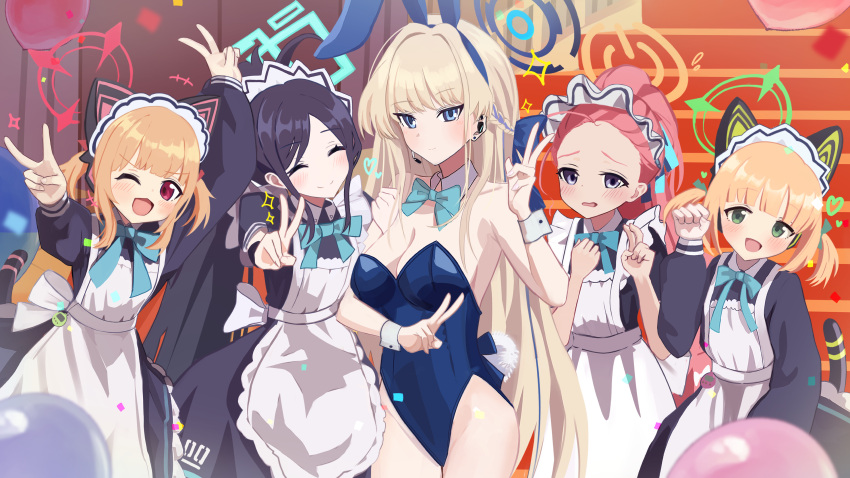 5girls absurdres animal_ear_headphones animal_ears apron aris_(blue_archive) aris_(maid)_(blue_archive) arm_up balloon bent_v black_hair blonde_hair blue_archive blue_bow blue_bowtie blue_eyes blue_halo blue_leotard blue_ribbon blunt_bangs blush bow bowtie breasts cat_ear_headphones cat_tail cleavage clenched_hand closed_eyes closed_mouth collared_dress commentary cowboy_shot detached_collar double_v dress earpiece facing_viewer fake_animal_ears fake_tail green_eyes green_halo halo hand_up hands_up headphones heart highres indoors leotard long_hair long_sleeves looking_at_viewer maid_apron maid_headdress medium_breasts midori_(blue_archive) midori_(maid)_(blue_archive) momoi_(blue_archive) momoi_(maid)_(blue_archive) multicolored_hair multiple_girls neck_ribbon nervous_smile official_alternate_costume one_eye_closed open_mouth orange_halo pink_hair ponytail puffy_short_sleeves puffy_sleeves rabbit_ears rabbit_tail red_eyes red_halo ribbon short_sleeves siblings sisters smile stairs standing strapless strapless_leotard streaked_hair tail thomason366 toki_(blue_archive) toki_(bunny)_(blue_archive) twins two_side_up v very_long_hair white_apron yuzu_(blue_archive) yuzu_(maid)_(blue_archive)