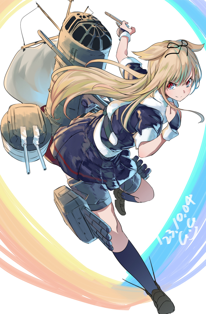 1girl artist_logo black_gloves black_ribbon black_serafuku black_shirt black_skirt black_socks blonde_hair cannon dated full_body gegeron gloves hair_flaps hair_ornament hair_ribbon hairclip highres kantai_collection leaning_forward long_hair machinery red_eyes ribbon sailor_collar scarf school_uniform serafuku shirt skirt smile socks solo turret white_sailor_collar white_scarf yuudachi_(kancolle)